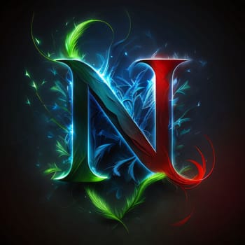 Graphic alphabet letters: Letter N in the form of an abstract fractal, consisting of a luminous swirling of green and red lines.