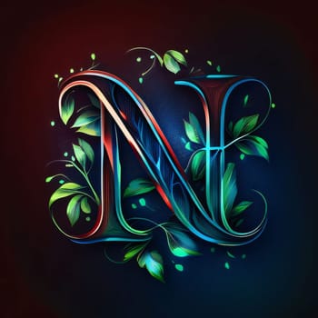 Graphic alphabet letters: Letter N, floral decorative font, leaves and twigs on dark background.