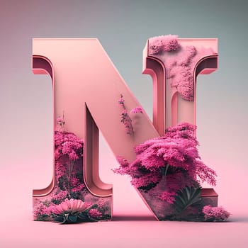 Graphic alphabet letters: Alphabet letter N with pink flowers. 3D render illustration.