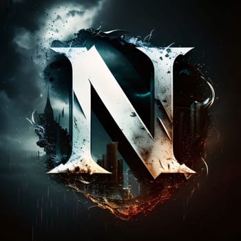 Graphic alphabet letters: Futuristic letter N, grunge urban font with urban background