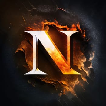 Graphic alphabet letters: Flaming letter N on a black background with space for text