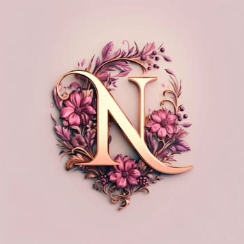 Graphic alphabet letters: Letter N in the style of Baroque with floral elements.