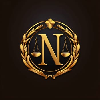 Graphic alphabet letters: Golden emblem of letter N with laurel wreath and scales.