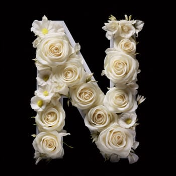 Graphic alphabet letters: White roses alphabet isolated on black background, capital letter N from white flowers alphabet