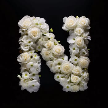 Graphic alphabet letters: Alphabet made of white roses on a black background. Letter N