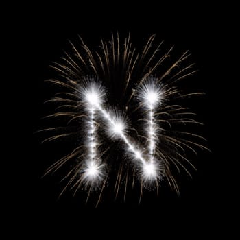 Graphic alphabet letters: Fireworks in the shape of the letter N on a black background