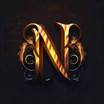 Graphic alphabet letters: Golden Letter N with Feathers on Black Background. 3d Render