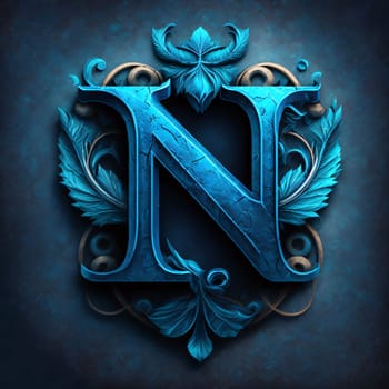 Graphic alphabet letters: Luxury letter N with floral ornament on blue grunge background