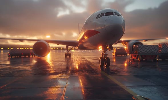 Sunset View of Airplane on Wet Tarmac. Selective focus.