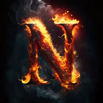 Graphic alphabet letters: Flaming letter N on black background, 3D illustration.