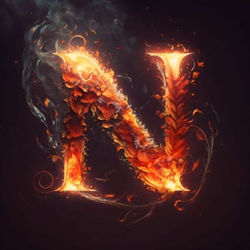 Graphic alphabet letters: Letter N in fire and smoke, isolated on black background, 3d illustration