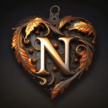 Graphic alphabet letters: 3D illustration, golden heart with letter N on a black background