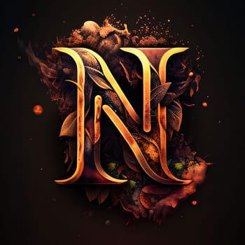 Graphic alphabet letters: Letter N with autumn leaves and berries. Design element for flyers or banners.