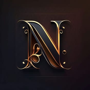 Graphic alphabet letters: Elegant Capital letter N. Luxury golden font with floral ornament.