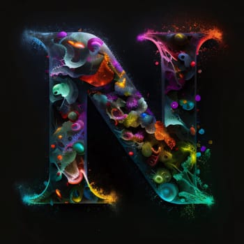 Graphic alphabet letters: Alphabet letter N filled with colorful paint splashes isolated on black background