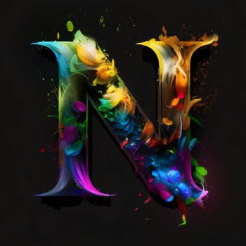 Graphic alphabet letters: Colorful artistic paint splashes letter N on black background. 3d rendering