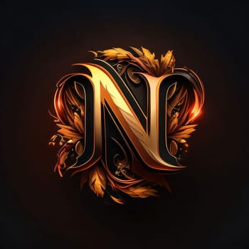 Graphic alphabet letters: N letter with ornamented crowns on black background. 3d rendering