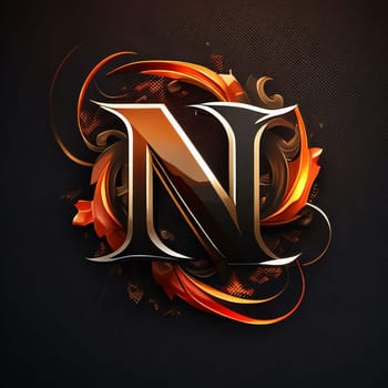 Graphic alphabet letters: Letter N on a dark background with floral ornament. 3d illustration