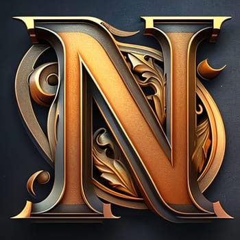 Graphic alphabet letters: N letter with gold ornament on black background. 3D illustration.