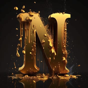 Graphic alphabet letters: Golden letter N splashing on black background. 3d render.