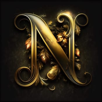 Graphic alphabet letters: Luxury golden letter N with floral ornament on black background.