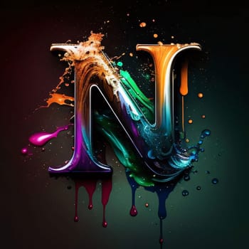 Graphic alphabet letters: 3d render of alphabet with colorful splashes and drops. Letter N