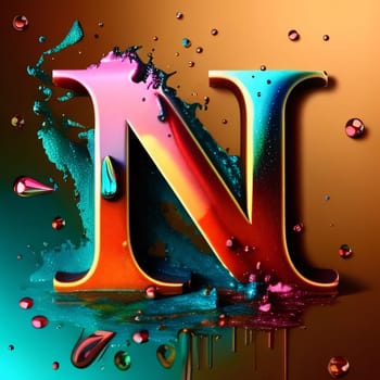 Graphic alphabet letters: Letter N uppercase with paint splash and drops. 3d render