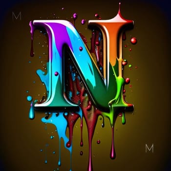 Graphic alphabet letters: 3d render of colorful paint splashes and drops forming letter N