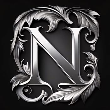 Graphic alphabet letters: Luxury silver letter N in the style of Baroque.