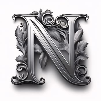 Graphic alphabet letters: Luxury capital letter N with floral ornament. 3d render