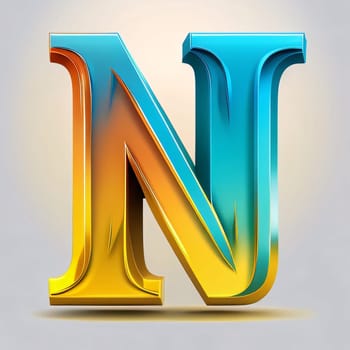 Graphic alphabet letters: 3d glossy gold and blue letter N uppercase isolated on white background