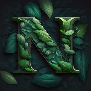 Graphic alphabet letters: Nature alphabet with green leaves. Letter N. 3D illustration.