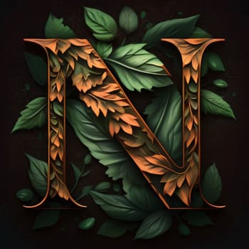 Graphic alphabet letters: Vintage capital letter N decorated with leaves. 3d render.