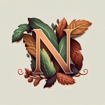 Graphic alphabet letters: Letter N logo with autumn leaves. Lettering can be used as a logo or icon