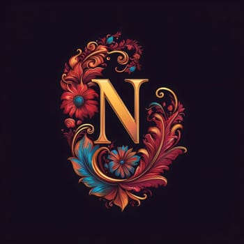 Graphic alphabet letters: Initial letter N with floral ornament in the style of Baroque.