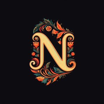 Graphic alphabet letters: Letter N in the style of folk art with floral ornament. Decorative lettering.