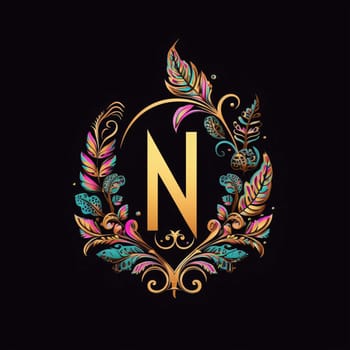 Graphic alphabet letters: Initial Letter N Luxury Boutique with Feathers. Vector Illustration.