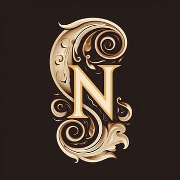 Graphic alphabet letters: Gold letter N in the style of baroque. Vector illustration
