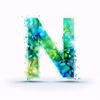 Graphic alphabet letters: N letter with watercolor splashes and drops. Vector illustration.