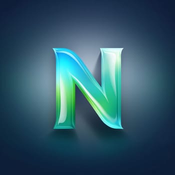 Graphic alphabet letters: Glossy blue letter N, 3D render, isolated on black background