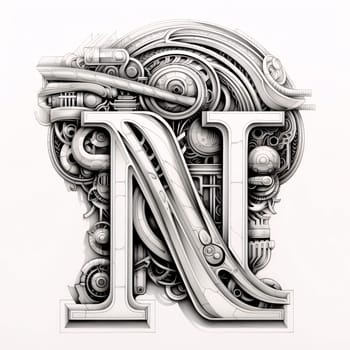 Graphic alphabet letters: Mechanical alphabet. Letter N. 3d illustration. Technology background