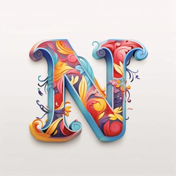 Graphic alphabet letters: Vector capital letter N with floral ornament. Colorful font for your design