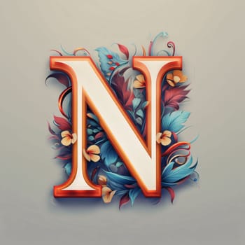 Graphic alphabet letters: Alphabet letter N with floral decoration. 3d vector illustration.