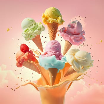 Lots of delicious and beautiful ice cream. Summer dessert. Poster, menu. High quality photo