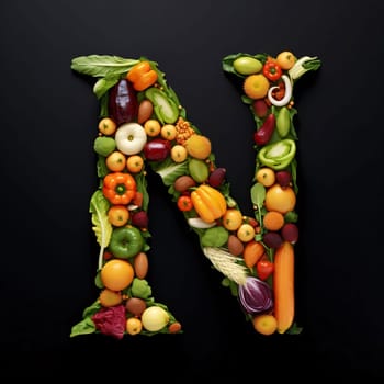 Graphic alphabet letters: Letter N made of fresh vegetables and fruits on black background, alphabet