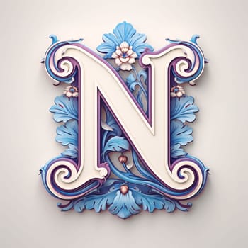 Graphic alphabet letters: Vintage ornate capital letter N in Victorian style. 3d rendering