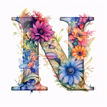 Graphic alphabet letters: Floral capital letter N, hand drawn watercolor painting on white background