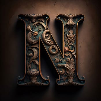 Graphic alphabet letters: Metal letter N. 3D render with ornament on textured background