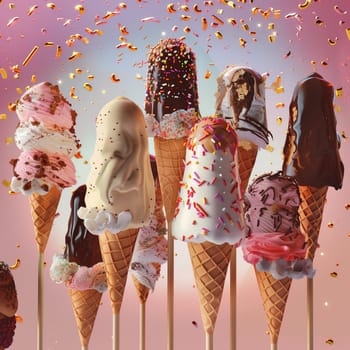 Lots of delicious and beautiful ice cream. Summer dessert. Poster, menu. High quality photo