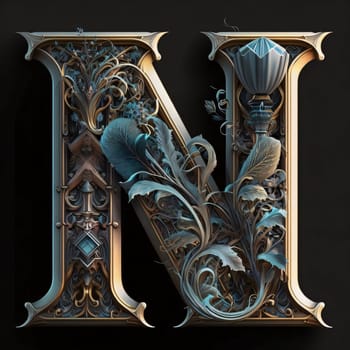 Graphic alphabet letters: Luxury ornate capital letter N in Victorian style. 3D render